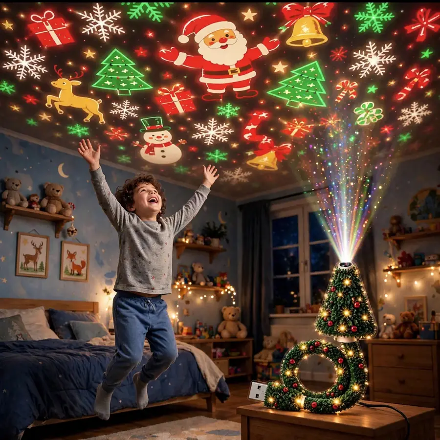 A child jumping with delight as the Dusklia projector lights up their bedroom ceiling