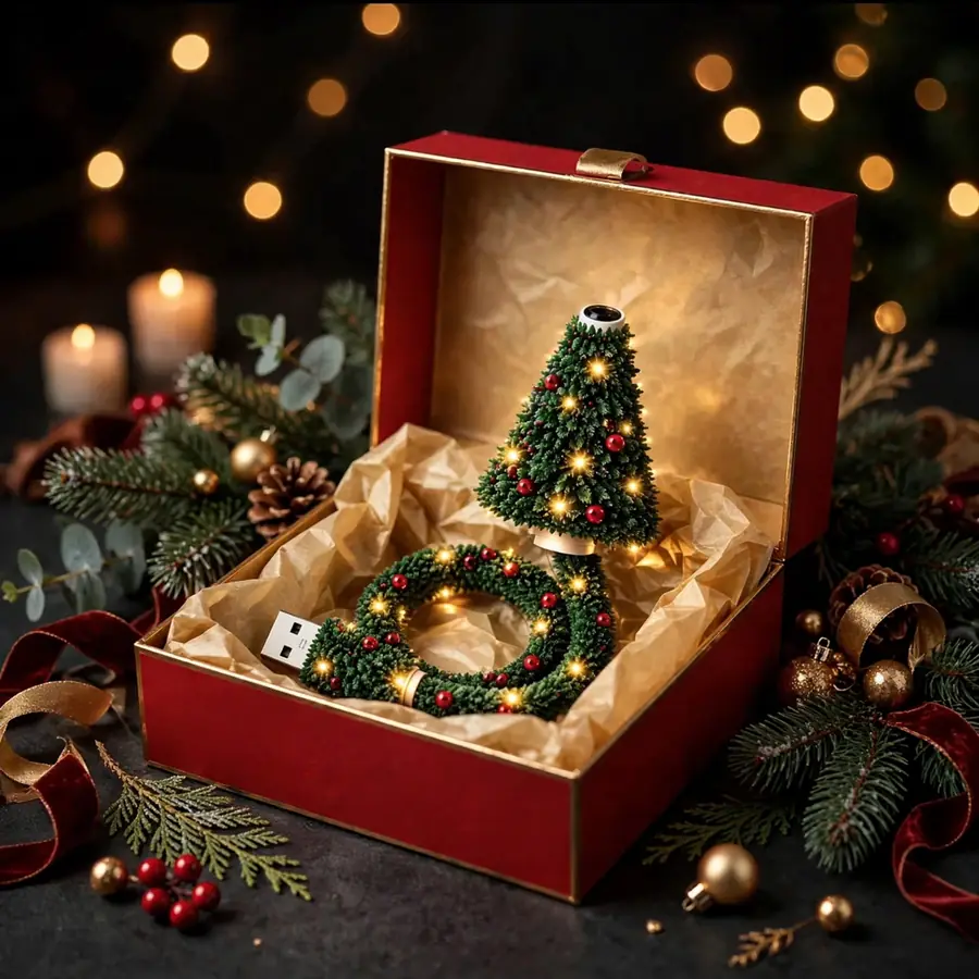 The Dusklia tree projector nestled in a red gift box with gold tissue