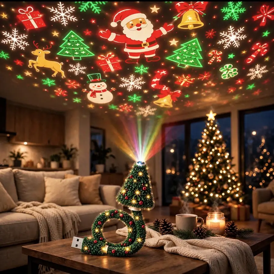 The Dusklia projector on a coffee table, filling a living room ceiling with Christmas scenes