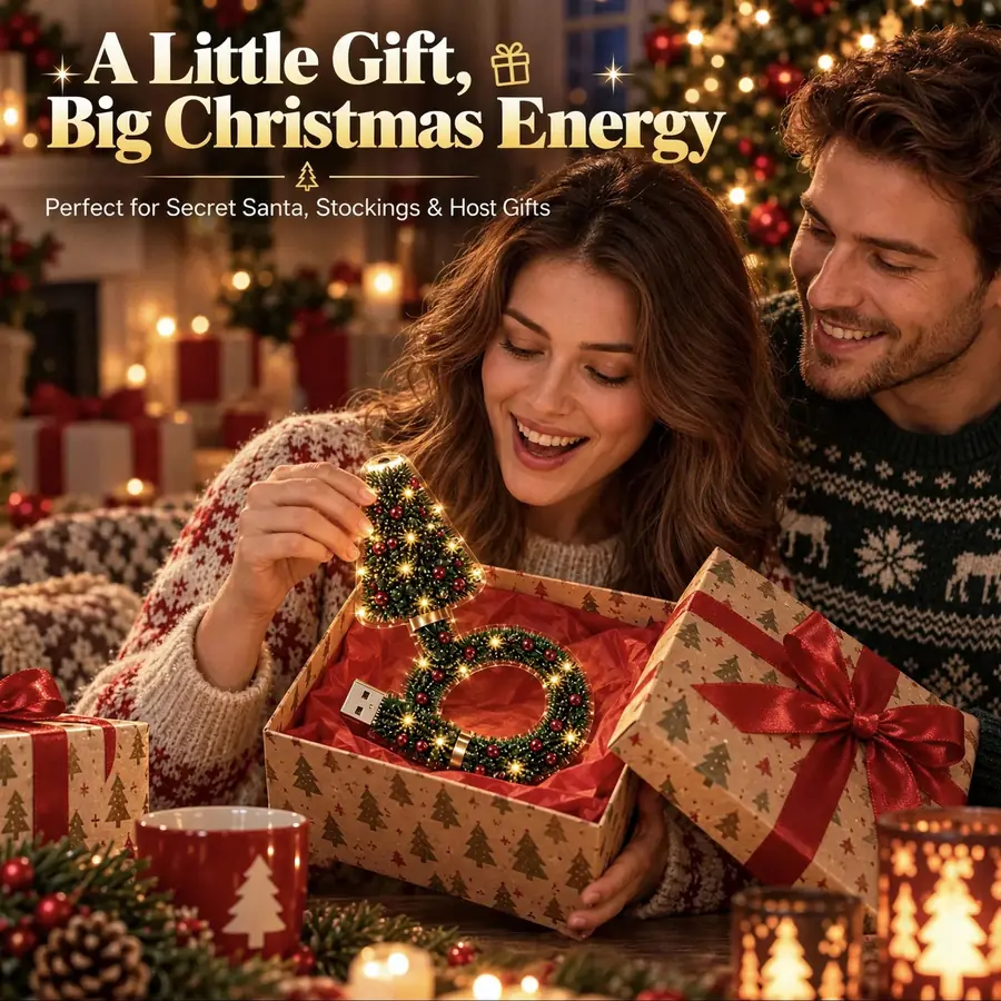 A couple opening a Dusklia Christmas tree projector in its gift box