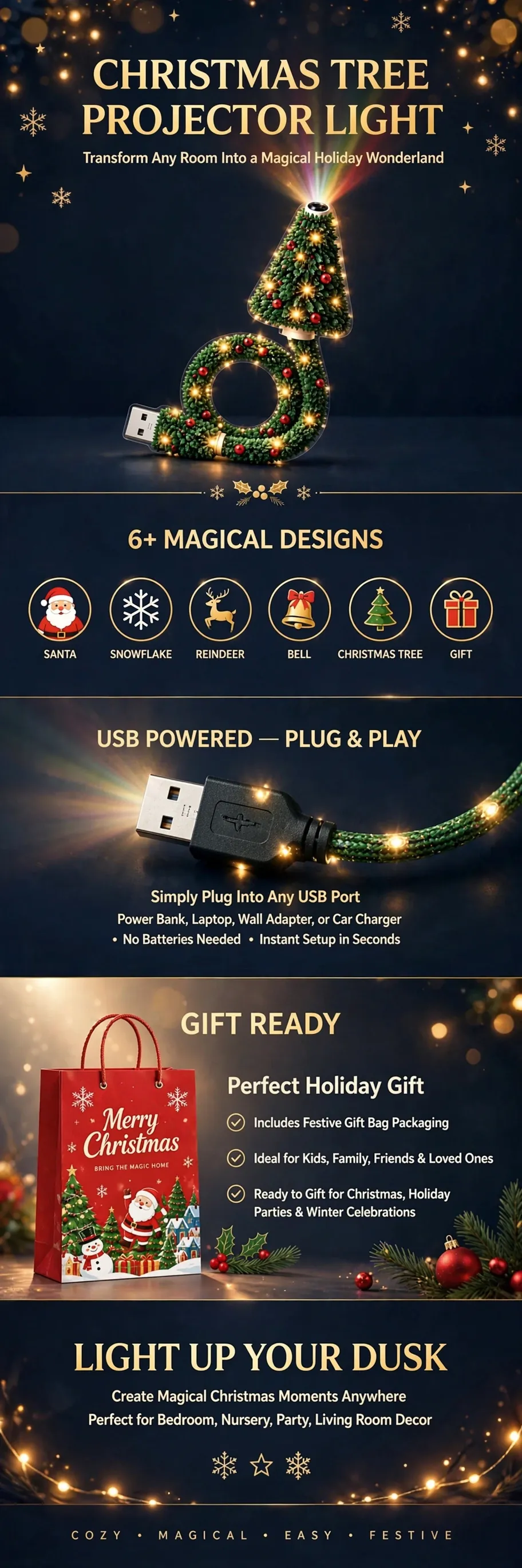 Dusklia product details — 6+ festive designs, USB plug and play, gift ready, light up your dusk