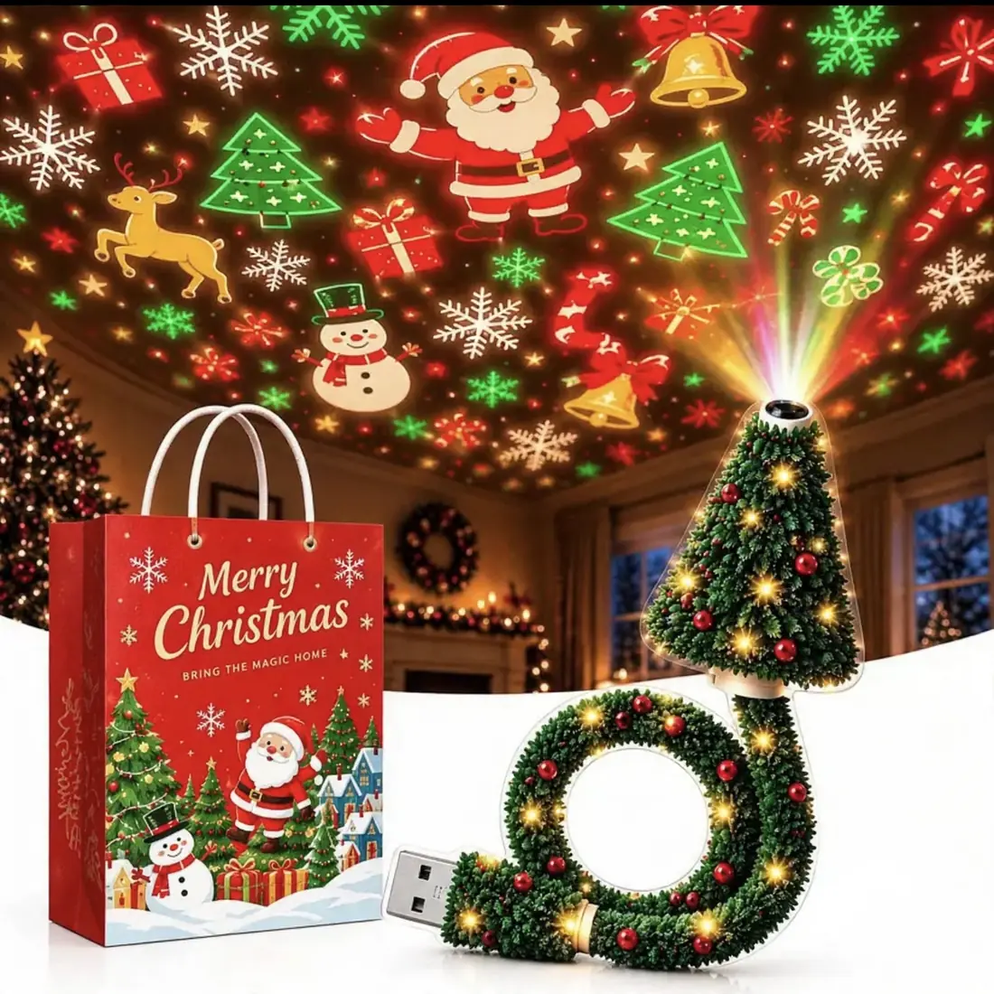 The Dusklia projector, its gift bag and the Christmas scenes it projects across a ceiling