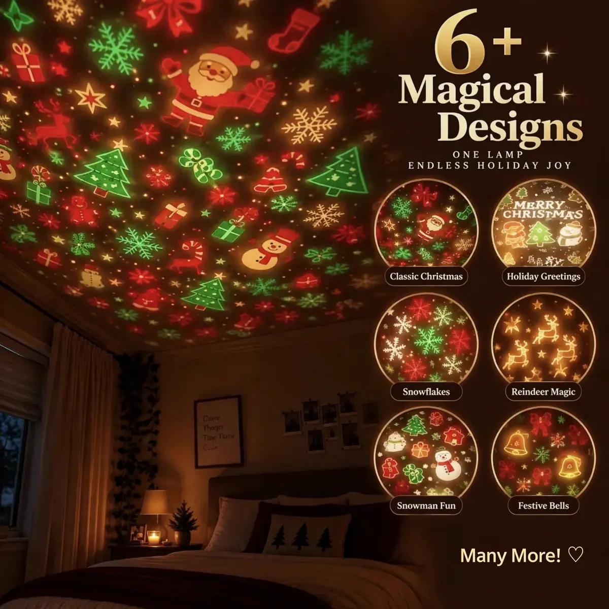 A bedroom ceiling glowing with red, green and gold Christmas projections from the Dusklia lamp